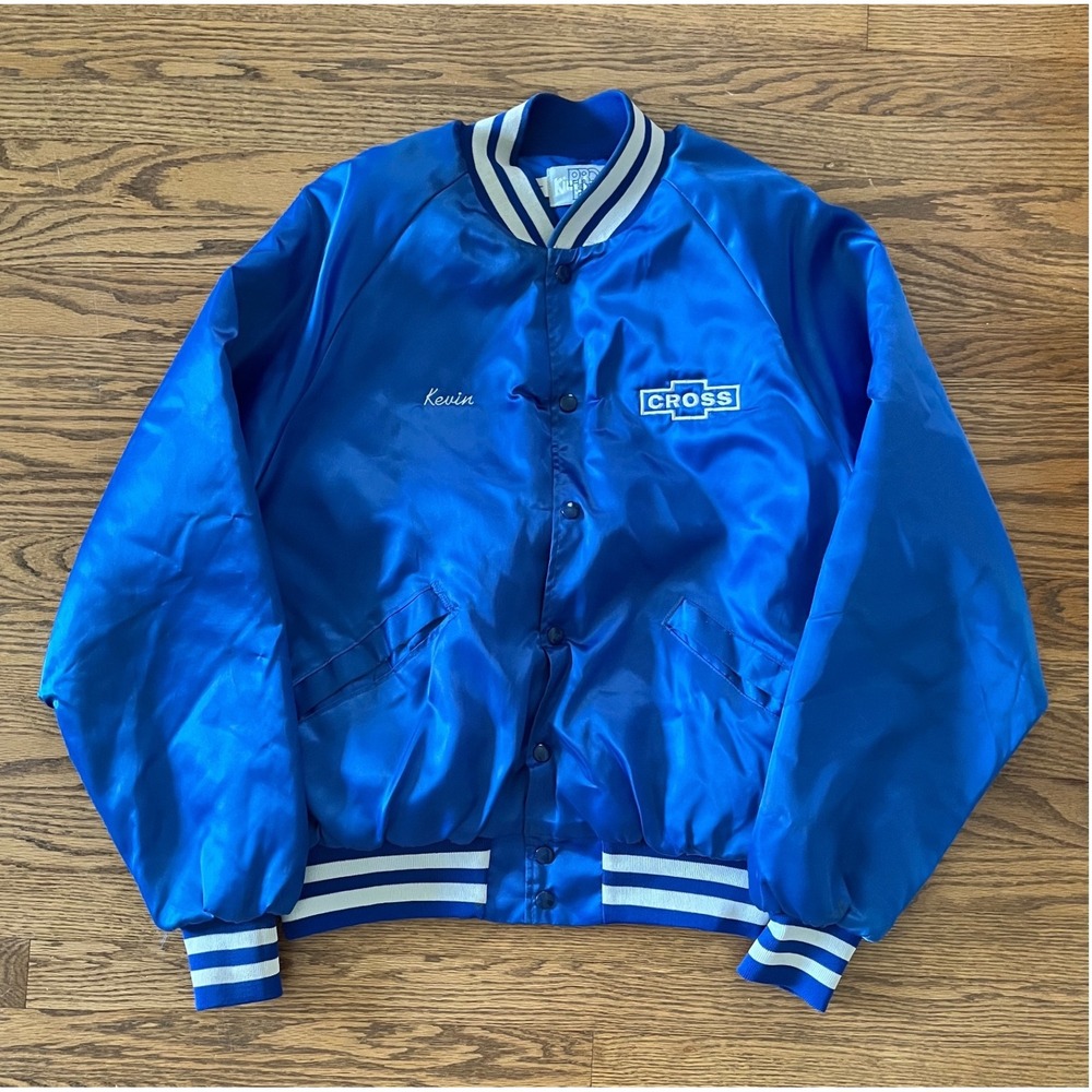 Vintage King Louie Pro Fit Blue Satin Varsity Jacket Cross Chevrolet Logo Mens L